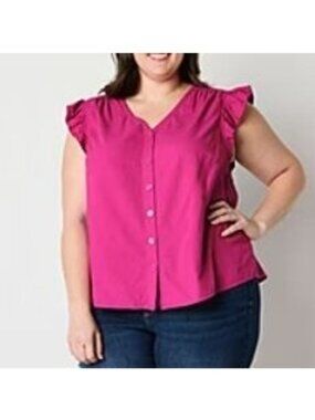 St Johns Bay Button Front Shirt Womens Large Classic Fuchsia Pink Ruffle Sleeve